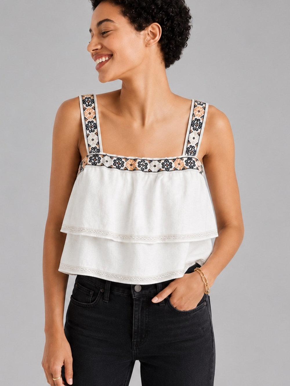 Madewell Boho Linen Blend Embroidered Tiered Ruffle Cami Top